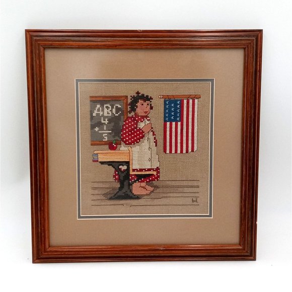 Prim School Room Framed Cross Stitch Art Americana USA Flag Desk Grandmacore Wal - Picture 3 of 11